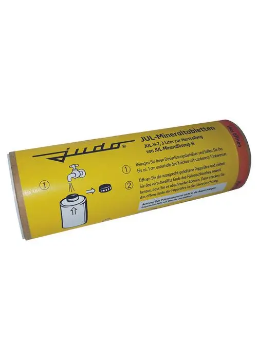 Gelbe Verpackung von Judo mit Anweisungen zur Verwendung von Mineraltabletten. Abgebildete Schritte zur Reinigung und Befüllung eines Behälters für Trinkwasser.